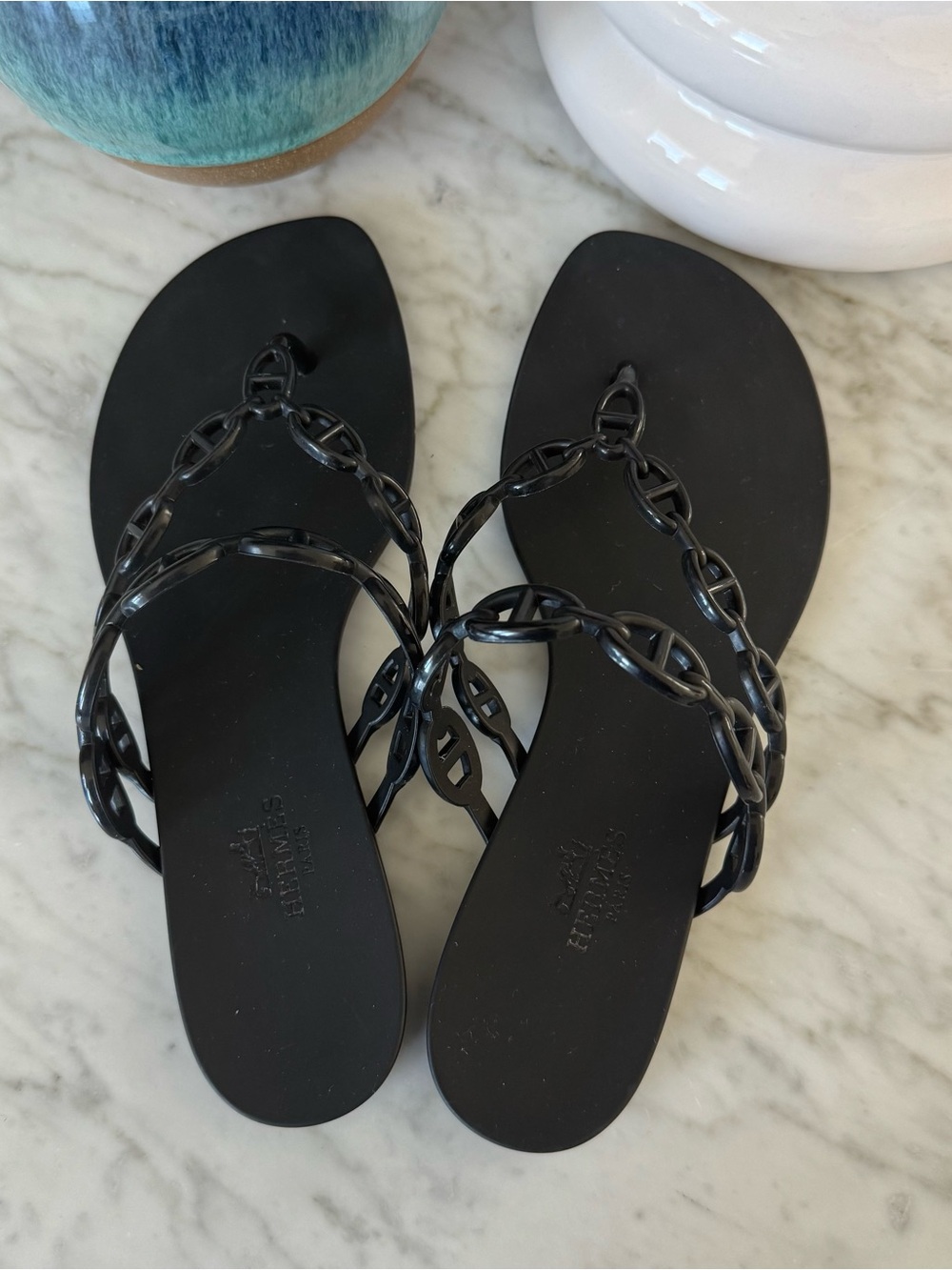 Hermes Island Black Chain-Link Jelly Thong Sandals - Women's - Picture 2 of 5